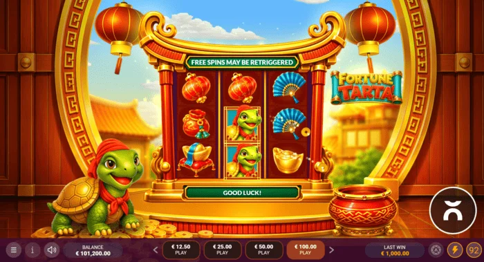 Fortune Tarta - màn hình trò chơi với các cuộn và một con rùa